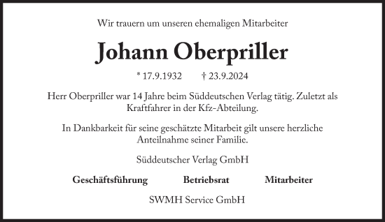 Traueranzeige von Johann Oberpriller von Süddeutsche Zeitung