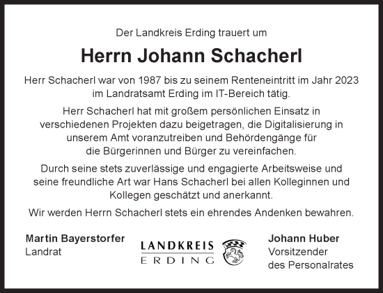 Traueranzeige von Johann Schacherl von Süddeutsche Zeitung