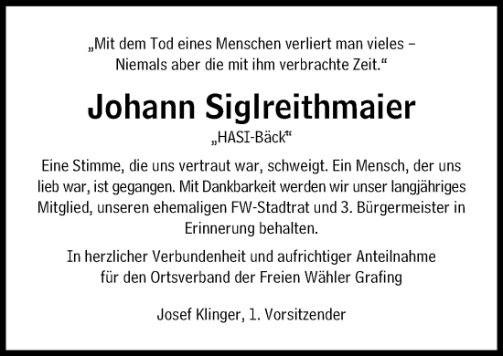 Traueranzeige von Johann Siglreithmaier von Süddeutsche Zeitung