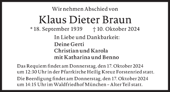 Traueranzeige von Klaus Dieter Braun von Süddeutsche Zeitung