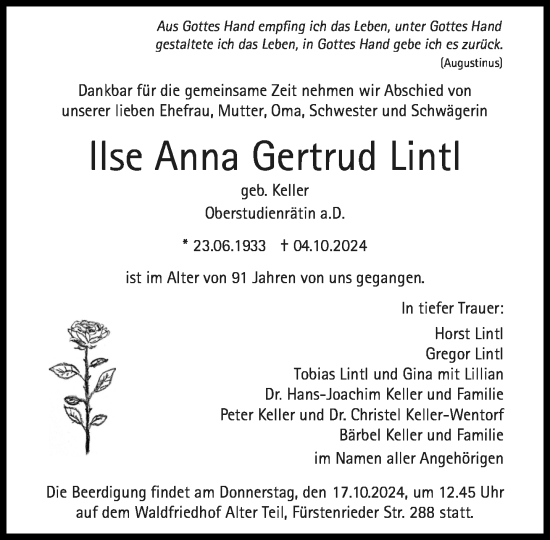 Traueranzeige von llse Anna Gertrud Lintl Lintl von Süddeutsche Zeitung