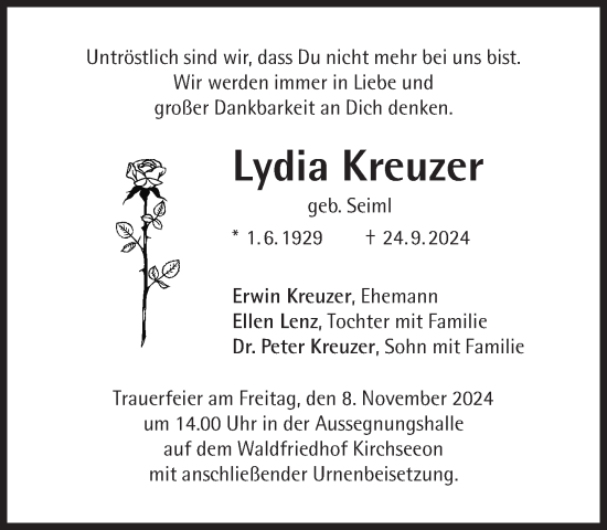 Traueranzeige von Lydia Kreuzer von Süddeutsche Zeitung