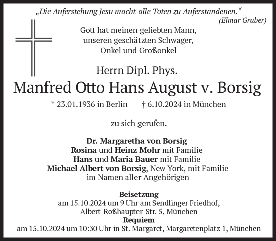 Traueranzeige von Manfred Otto Hans August v. Borsig von Süddeutsche Zeitung