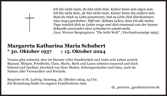 Traueranzeige von Margareta Katharina Maria  Schubert von Süddeutsche Zeitung