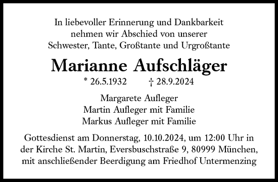 Traueranzeige von Marianne Aufschläger von Süddeutsche Zeitung