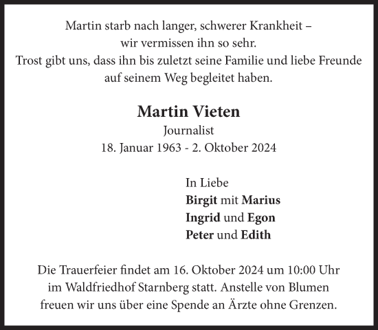 Traueranzeige von Martin Vieten von Süddeutsche Zeitung