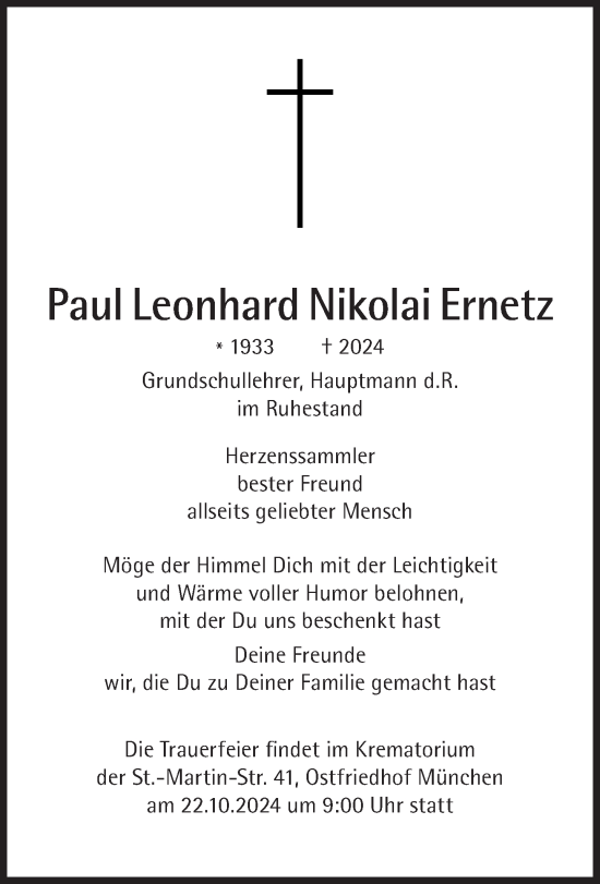 Traueranzeige von Paul Leonhard Nikolai Ernetz von Süddeutsche Zeitung