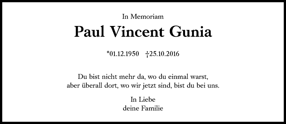  Traueranzeige für Paul Vincent Gunia vom 25.10.2024 aus Süddeutsche Zeitung