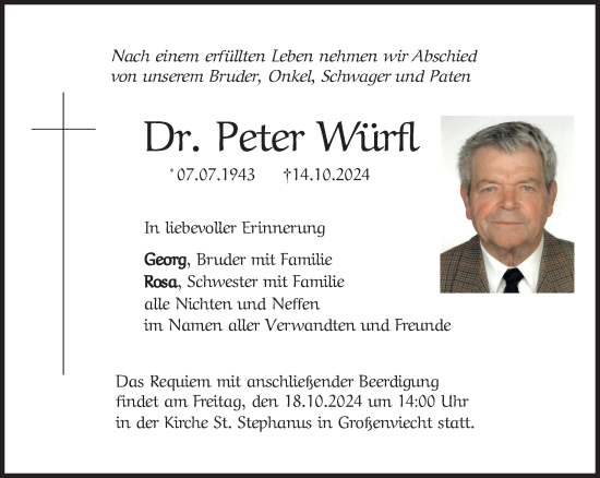 Traueranzeige von Peter Würfl von Süddeutsche Zeitung