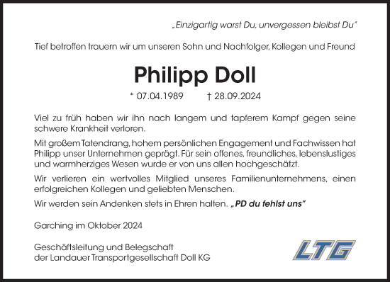 Traueranzeige von Philipp Doll von Süddeutsche Zeitung