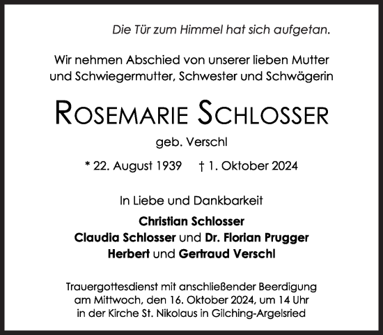 Traueranzeige von Rosemarie Schlosser von Süddeutsche Zeitung