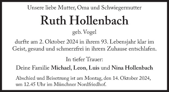 Traueranzeige von Ruth Hollenbach von Süddeutsche Zeitung