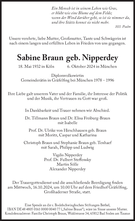 Traueranzeige von Sabine Braun von Süddeutsche Zeitung