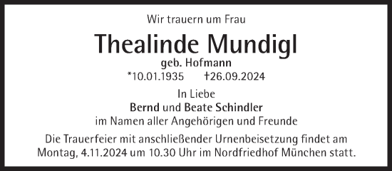 Traueranzeige von Thealinde Mundigl von Süddeutsche Zeitung