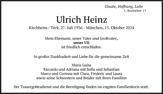 Traueranzeige von Ulrich Heinz von Süddeutsche Zeitung