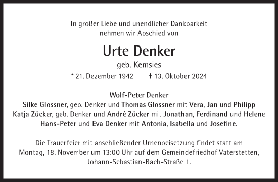 Traueranzeige von Urte Denker von Süddeutsche Zeitung