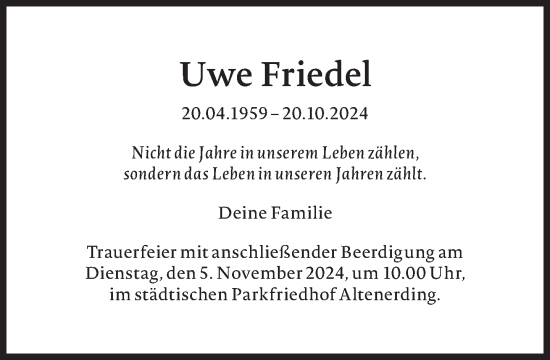 Traueranzeige von Uwe Friedel von Süddeutsche Zeitung