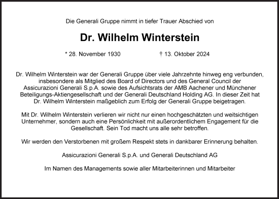 Traueranzeige von Wilhelm Winterstein von Süddeutsche Zeitung