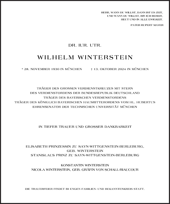 Traueranzeige von Wilhelm Winterstein von Süddeutsche Zeitung