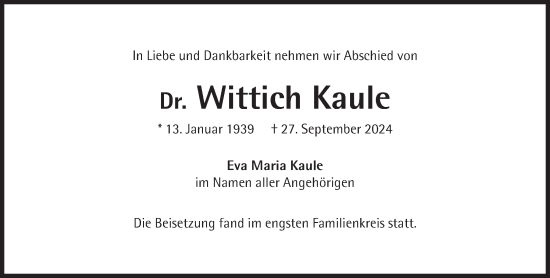 Traueranzeige von Wittich Kaule von Süddeutsche Zeitung