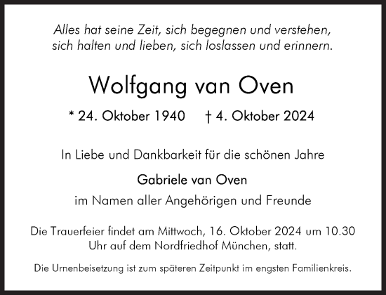 Traueranzeige von Wolfgang van Oven von Süddeutsche Zeitung