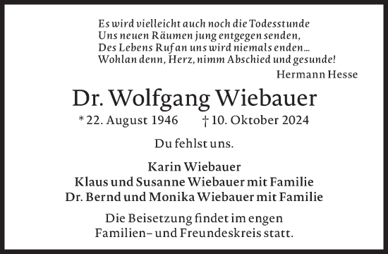 Traueranzeige von Wolfgang Wiebauer von Süddeutsche Zeitung