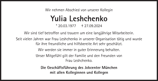 Traueranzeige von Yulia Leshchenko von Süddeutsche Zeitung