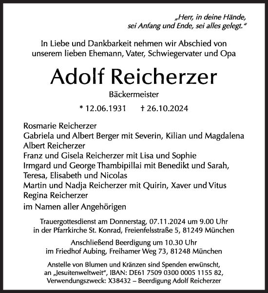 Traueranzeige von Adolf Reicherzer von Süddeutsche Zeitung