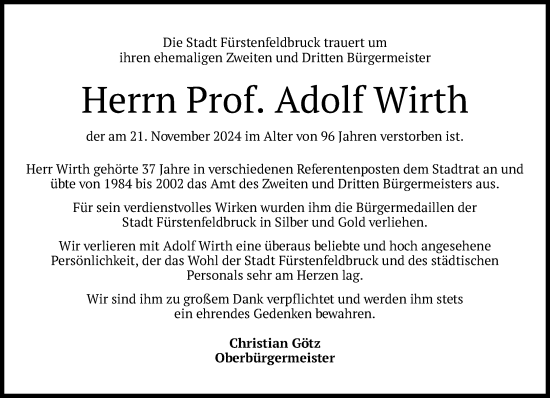 Traueranzeige von Adolf Wirth von Süddeutsche Zeitung