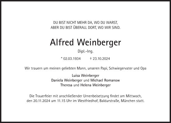 Traueranzeige von Alfred Weinberger von Süddeutsche Zeitung