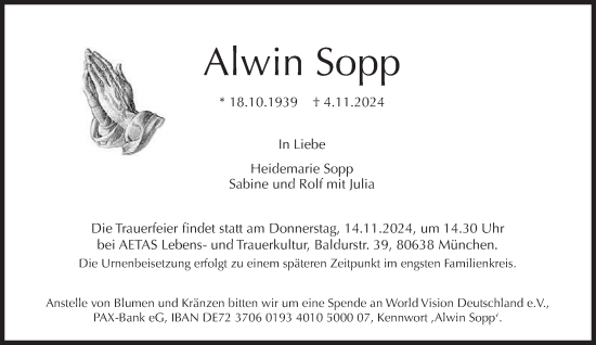 Traueranzeige von Alwin Sopp von Süddeutsche Zeitung