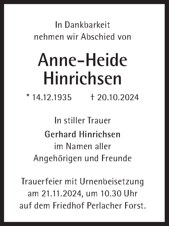 Traueranzeige von Anne-Heide Hinrichsen von Süddeutsche Zeitung