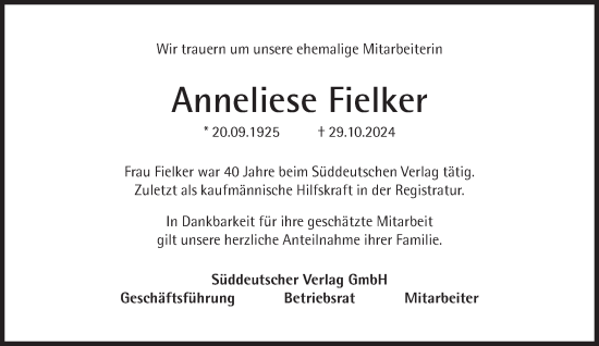 Traueranzeige von Anneliese Fielker von Süddeutsche Zeitung