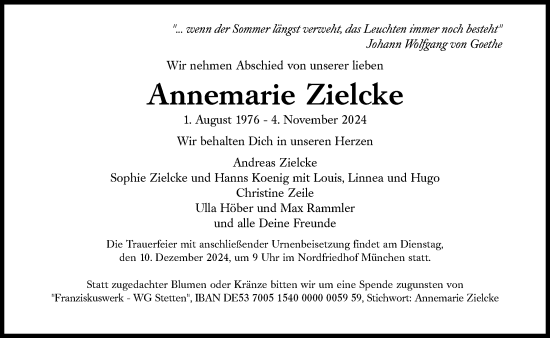 Traueranzeige von Annemarie Zielcke von Süddeutsche Zeitung