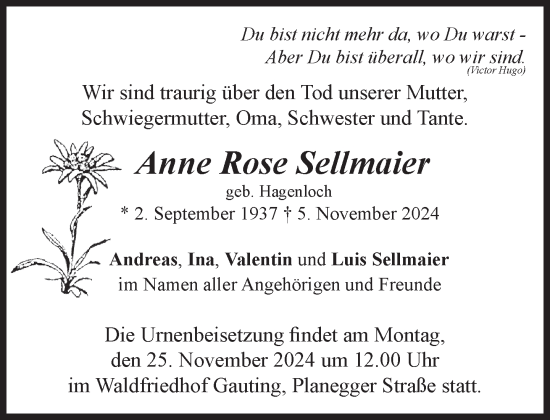 Traueranzeige von Anne Rose Sellmaier von Süddeutsche Zeitung