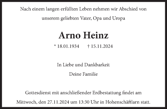 Traueranzeige von Arno Heinz von Süddeutsche Zeitung