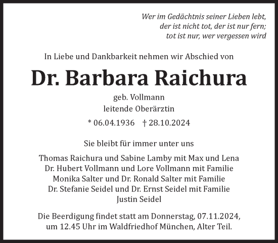 Traueranzeige von Barbara Raichura von Süddeutsche Zeitung