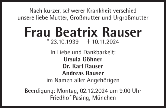 Traueranzeige von Beatrix Rauser von Süddeutsche Zeitung