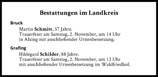 Traueranzeige von Bestattungen vom 02.11.2024 von Süddeutsche Zeitung