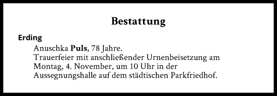 Traueranzeige von Bestattungen vom 04.11.2024 von Süddeutsche Zeitung