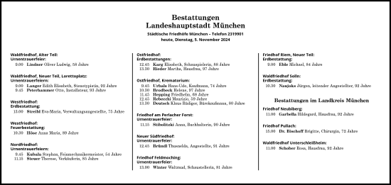Traueranzeige von Bestattungen vom 05.11.2024 von Süddeutsche Zeitung