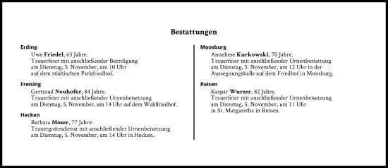 Traueranzeige von Bestattungen vom 05.11.2024 von Süddeutsche Zeitung