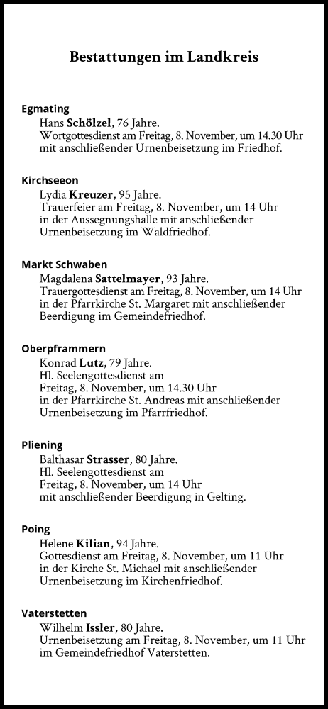 Traueranzeige von Bestattungen vom 08.11.2024 von Süddeutsche Zeitung