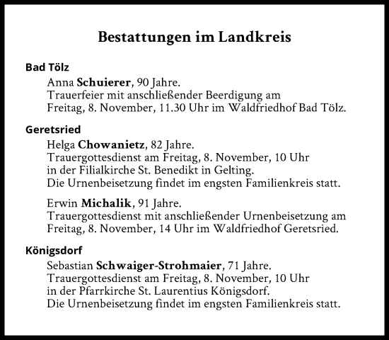 Traueranzeige von Bestattungen vom 08.11.2024 von Süddeutsche Zeitung