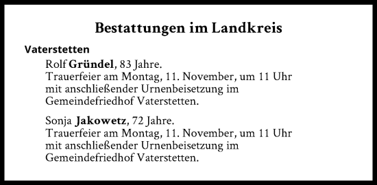 Traueranzeige von Bestattungen vom 11.11.2024 von Süddeutsche Zeitung