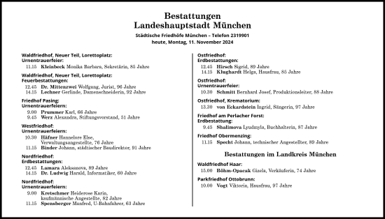 Traueranzeige von Bestattungen vom 11.11.2024 von Süddeutsche Zeitung