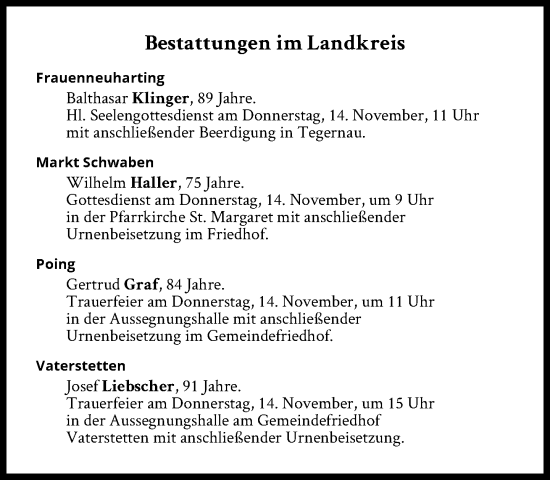 Traueranzeige von Bestattungen vom 14.11.2024 von Süddeutsche Zeitung