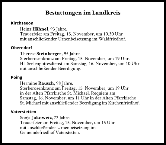 Traueranzeige von Bestattungen vom 15.11.2024 von Süddeutsche Zeitung