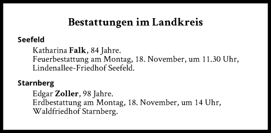 Traueranzeige von Bestattungen vom 18.11.2024 von Süddeutsche Zeitung