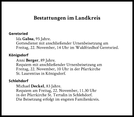 Traueranzeige von Bestattungen vom 22.11.2024 von Süddeutsche Zeitung